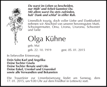 Traueranzeige von Olga Kühne von Mitteldeutsche Zeitung Halle/Saalkreis