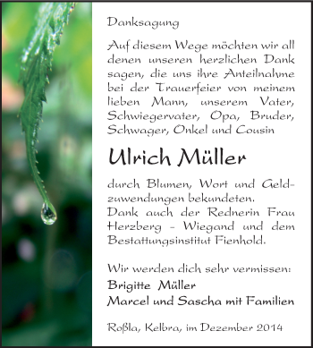 Traueranzeige von Ulrich Müller von Super Sonntag SGH Mansf. Land