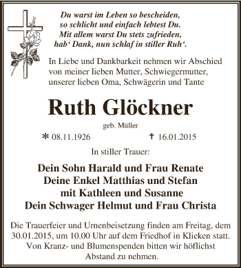 Traueranzeige von Ruth Glöckner von WVG - Wochenspiegel Dessau / Köthen