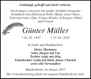 Traueranzeige von Günter Müller von Mitteldeutsche Zeitung Sangerhausen