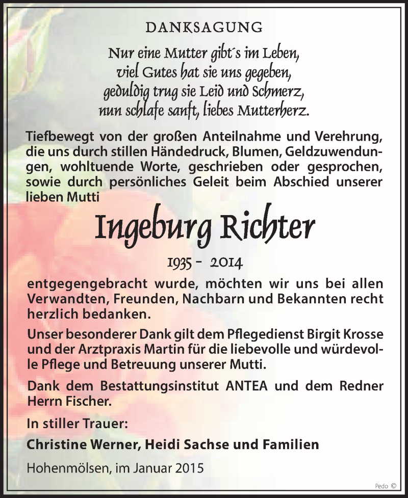  Traueranzeige für Ingeburg Richter vom 28.01.2015 aus WVG - Wochenspiegel NMB / WSF / ZTZ