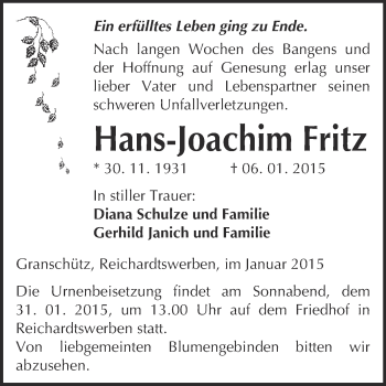 Traueranzeige von Hans-Joachim Fritz von WVG - Wochenspiegel Merseburg