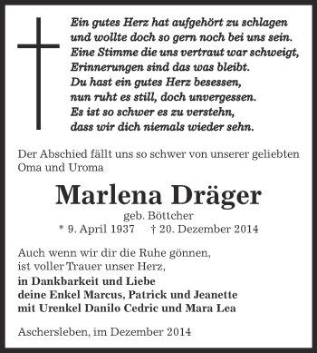 Traueranzeige von Marlena Dräger von Super Sonntag Aschersleben