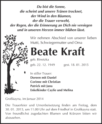 Traueranzeige von Beate Kraft von WVG - Wochenspiegel Merseburg