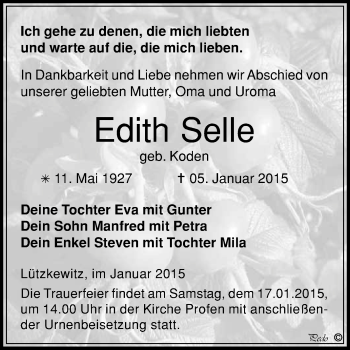 Traueranzeige von Edith Selle von WVG - Wochenspiegel NMB / WSF / ZTZ