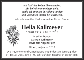 Traueranzeige von Hella Kallmeyer von WVG - Wochenspiegel Aschersleben