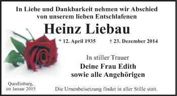 Traueranzeige von Heinz Liebau von Mitteldeutsche Zeitung Quedlinburg