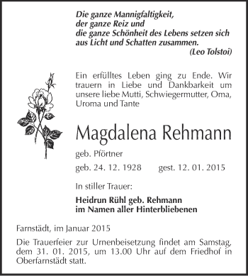 Traueranzeige von Magdalena Rehmann von WVG - Wochenspiegel Merseburg