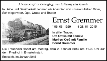 Traueranzeige von Ernst Gremmer von Mitteldeutsche Zeitung Sangerhausen