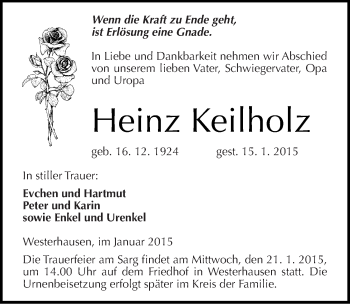 Traueranzeige von Heinz Keilholz von Mitteldeutsche Zeitung Quedlinburg