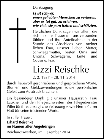 Traueranzeige von Lizzi Reischke von WVG - Wochenspiegel NMB / WSF / ZTZ