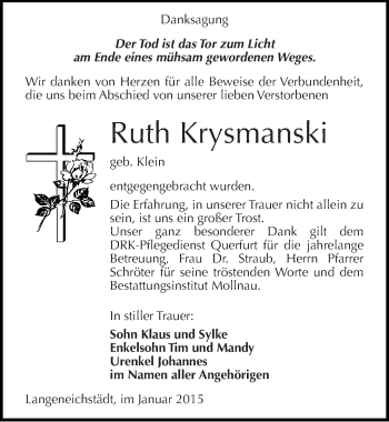 Traueranzeige von Ruth Krysmanski von Mitteldeutsche Zeitung Merseburg/Querfurt
