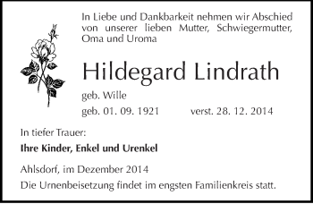 Traueranzeige von Hildegard Lindrath von Mitteldeutsche Zeitung Mansfelder Land