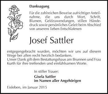 Traueranzeige von Josef Sattler von Mitteldeutsche Zeitung Mansfelder Land