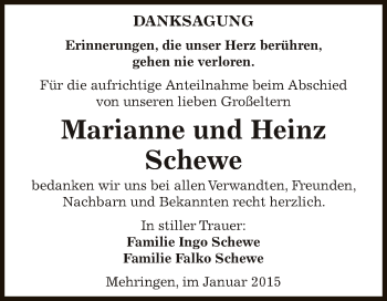 Traueranzeige von Marianne Schewe von Super Sonntag Aschersleben