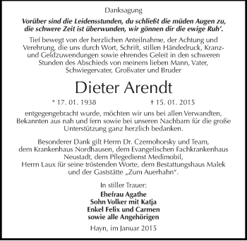 Traueranzeige von Dieter Arendt von Mitteldeutsche Zeitung Sangerhausen