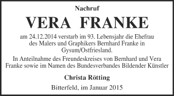 Traueranzeige von Vera Franke von WVG - Wochenspiegel Bitterfeld