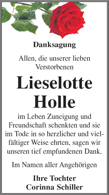 Traueranzeige von Lieselotte Holle von Mitteldeutsche Zeitung Quedlinburg
