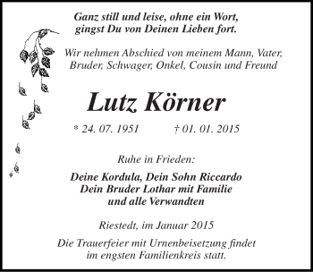 Traueranzeige von Lutz Körner von Mitteldeutsche Zeitung Sangerhausen