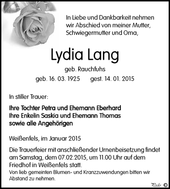 Traueranzeige von Lydia Lang von WVG - Wochenspiegel NMB / WSF / ZTZ
