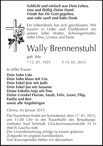 Traueranzeige von Wally Brennenstuhl von Mitteldeutsche Zeitung Naumburg/Nebra