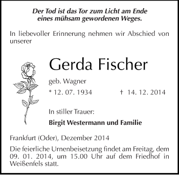 Traueranzeige von Gerda Fischer von Mitteldeutsche Zeitung Weißenfels