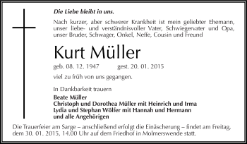Traueranzeige von Kurt Müller von Wochenspiegel Mansfelder Land