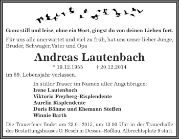 Traueranzeige von Andreas Lautenbach von WVG - Wochenspiegel Dessau / Köthen