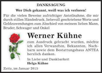 Traueranzeige von Werner Kühne von Super Sonntag Zeitz