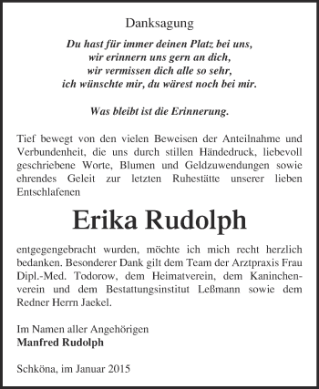 Traueranzeige von Erika Rudolph von WVG - Wochenspiegel Wittenberg