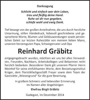 Traueranzeige von Reinhard Gräbitz von WVG - Wochenspiegel Wittenberg
