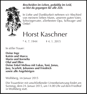 Traueranzeige von Horst  Kaschner von Mitteldeutsche Zeitung Sangerhausen