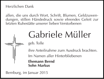 Traueranzeige von Gabriele Müller von Mitteldeutsche Zeitung Bernburg