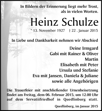 Traueranzeige von Heinz Schulze von Mitteldeutsche Zeitung Quedlinburg