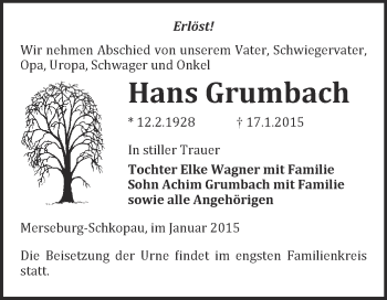 Traueranzeige von Hans Grumbach von Super Sonntag Merseburg