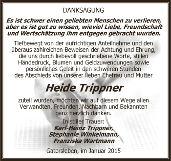 Traueranzeige von Heide Trippner von WVG - Wochenspiegel Aschersleben