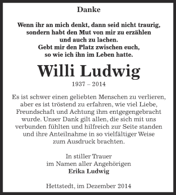 Traueranzeige von Willi Ludwig von Super Sonntag SGH Mansf. Land
