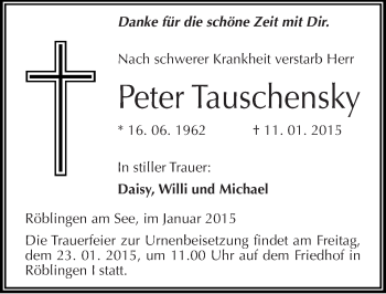 Traueranzeige von Peter Tauschensky von Mitteldeutsche Zeitung Mansfelder Land