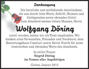 Traueranzeige von Wolfgang Döring von Super Sonntag Zeitz