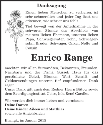 Traueranzeige von Enrico Range von WVG - Wochenspiegel Dessau / Köthen