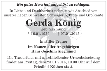 Traueranzeige von Gerda König von WVG - Wochenspiegel Dessau / Köthen