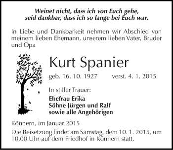 Traueranzeige von Kurt Spanier von Mitteldeutsche Zeitung Bernburg
