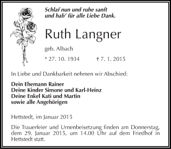 Traueranzeige von Ruth Langner von Mitteldeutsche Zeitung Mansfelder Land