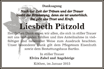 Traueranzeige von Liesbeth Pätzold von WVG - Wochenspiegel Dessau / Köthen