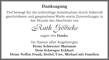 Traueranzeige von Ruth Gödicke von WVG - Wochenspiegel Dessau / Köthen