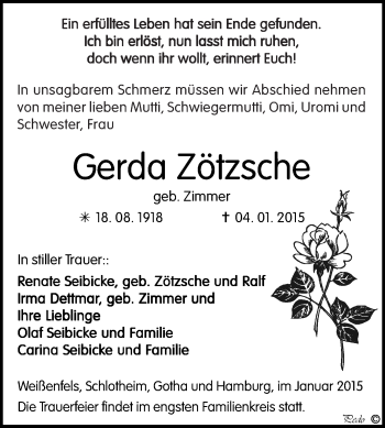 Traueranzeige von Gerda Zötzsche von WVG - Wochenspiegel NMB / WSF / ZTZ