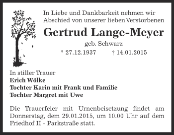 Traueranzeige von Gertrud Lange-Meyer von Super Sonntag Bernburg