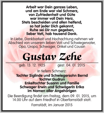 Traueranzeige von Gustav Zehe von Mitteldeutsche Zeitung