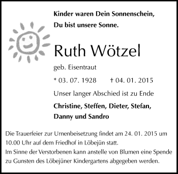 Traueranzeige von Ruth Wötzel von Mitteldeutsche Zeitung Halle/Saalkreis