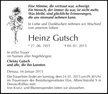 Traueranzeige von Heinz Gutsch von Mitteldeutsche Zeitung Dessau-Roßlau
